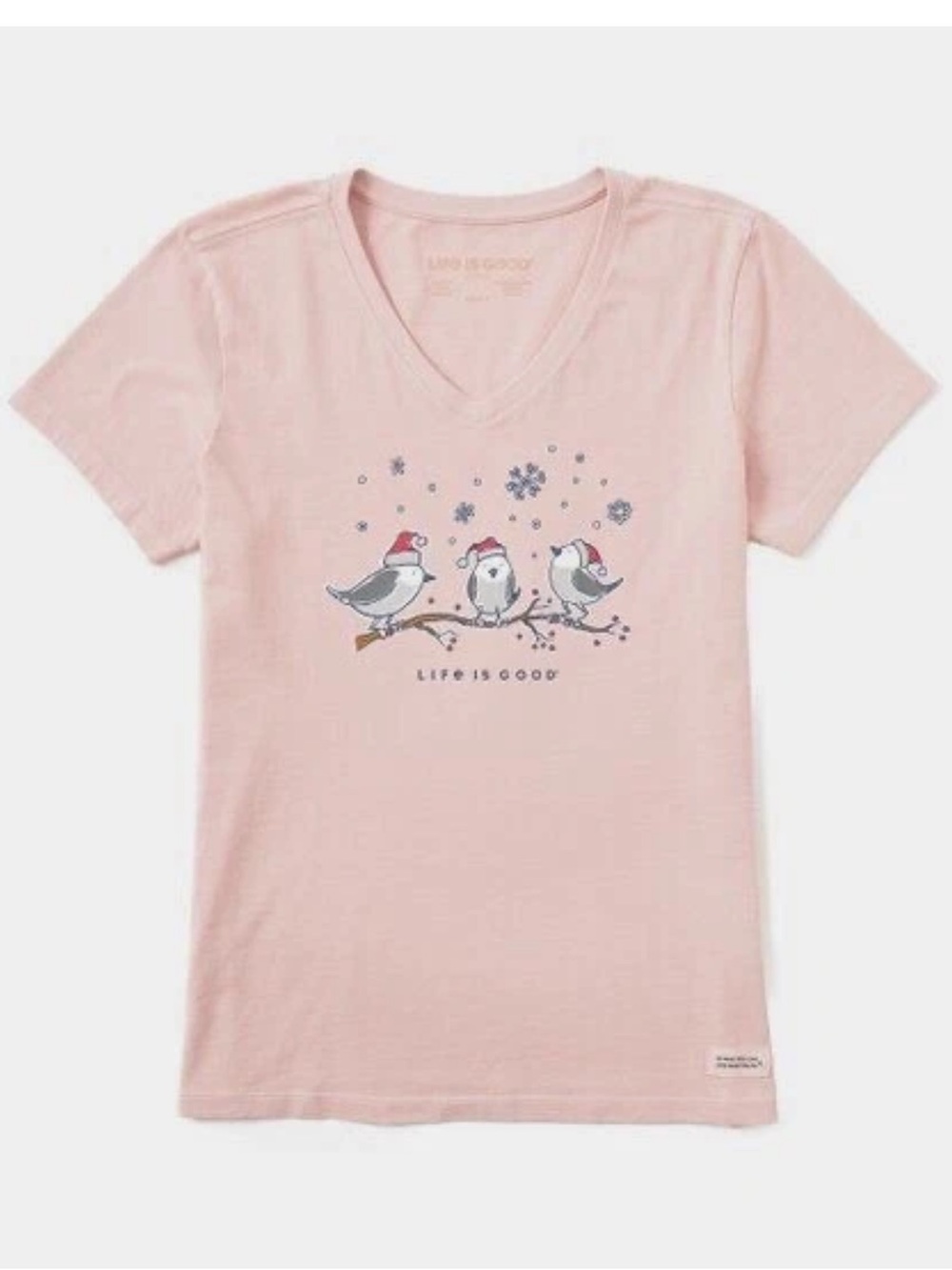Life is Good  Crusher Tee V neck Short Festive Birds Santa Hats Pink Size M